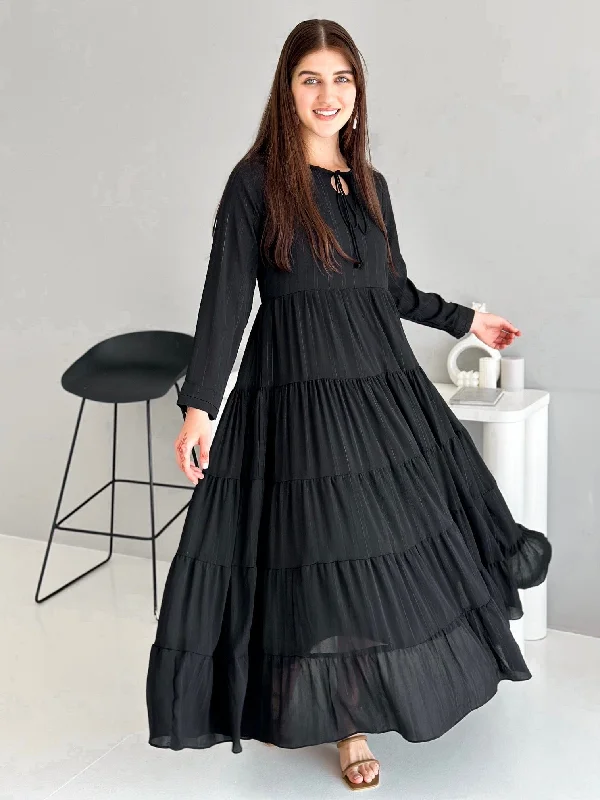 Women's Clothing For Holiday Travel Street Style Discounts Jade Long Frill Dress - Black