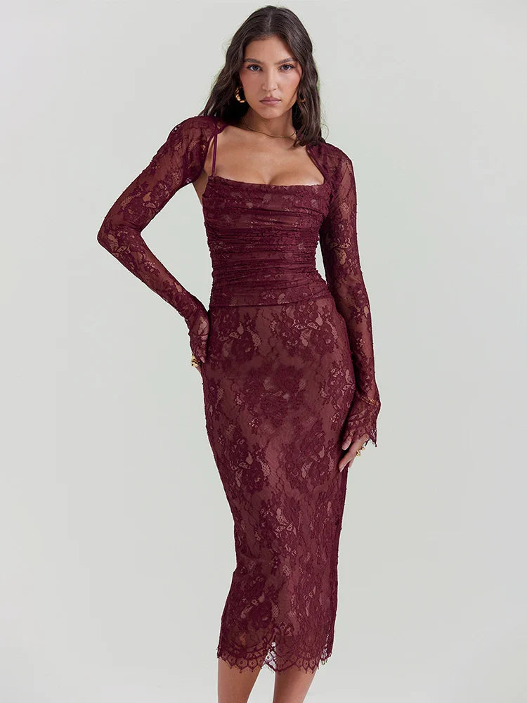 Formal Garments For Women Contemporary Fashion Sale Bandage Bodycon Lace Spaghetti Strap Autumn Winter Nightclub Sexy Midi Dress