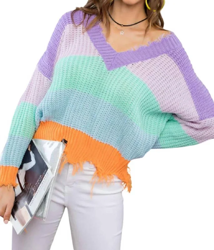 Modern Women's Clothes Style Redefined Color Block Distressed Sweater In Multi