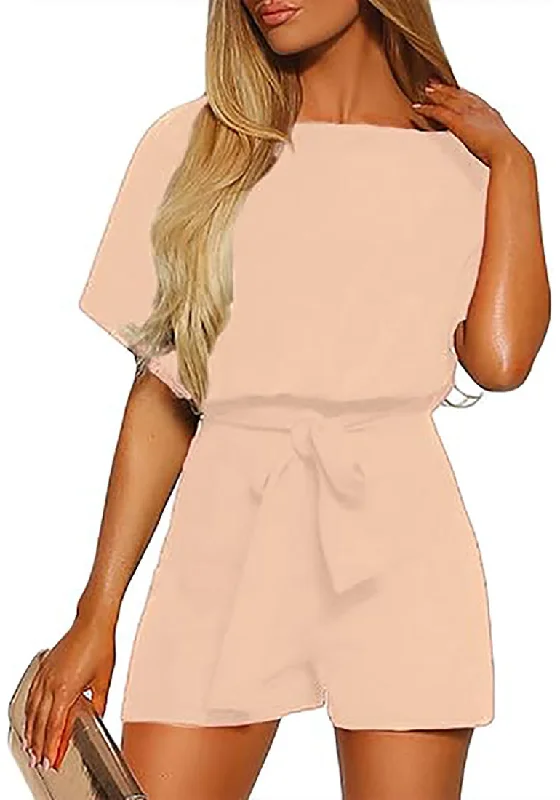 Timeless Women's Garments Edgy Fashion Deals Ivory Cream Women Casual Short Sleeves Self-Tie Belted Short Romper Jumpsuits