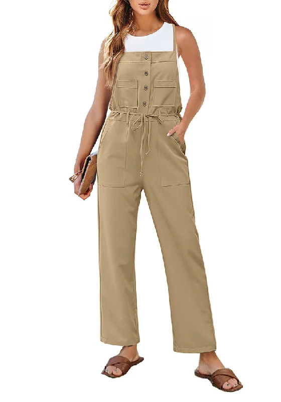 Women's Contemporary Clothing Forward Trendsetter Khaki Women's Button Down Pocket Straight Leg Vintage Casual Overalls