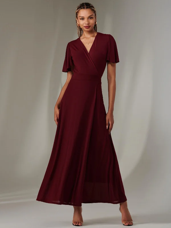 Women's Night-Out Clothes Premium Fashion Plain Angel Sleeve Wrapped Maxi Dress, Burgundy