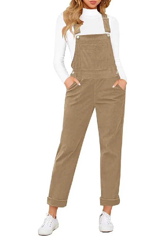 Women's Casual Garments Imeless Style Khaki Womens Overalls Corduroy Bib Adjustable Straps Fashion Jumpsuit Overall for Women with Pocket