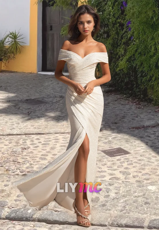 Stylish Women's Outfit Trendy Looks On Sale Off-Shoulder Strapless Ruched Side Slit Glitter Sheath Beach Wedding Dress