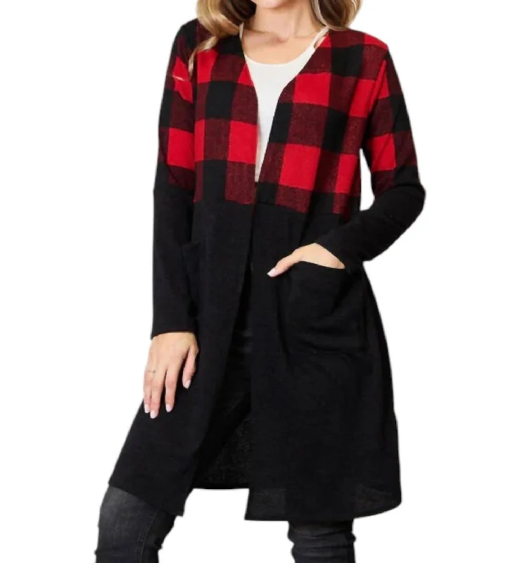 Women's Chic Outfit Trendy Looks On Sale Buffalo Plaid Pocket Cardigan In Black/red