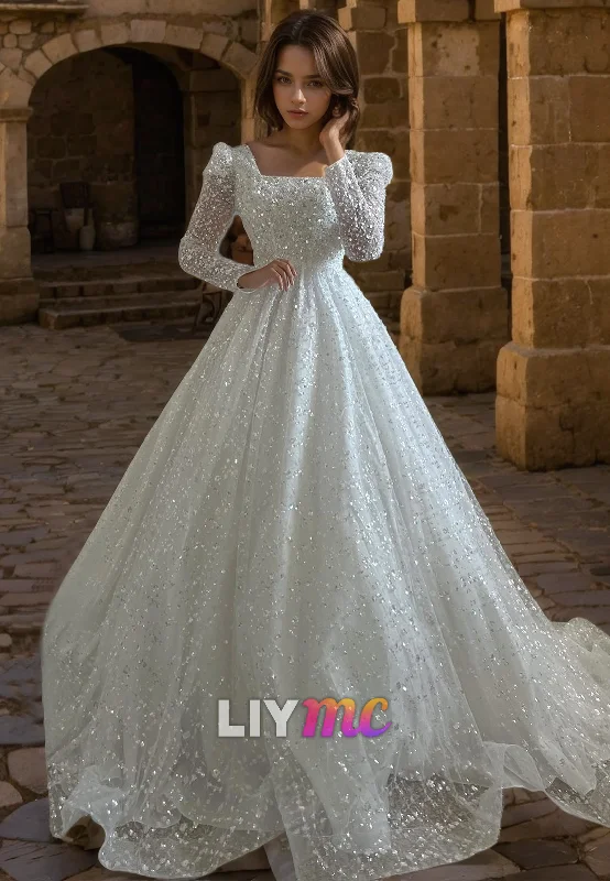 Women's Party Clothes Forward Trendsetter Square Long Sleeves Sparkly Ball Gown A-Line Wedding Dress