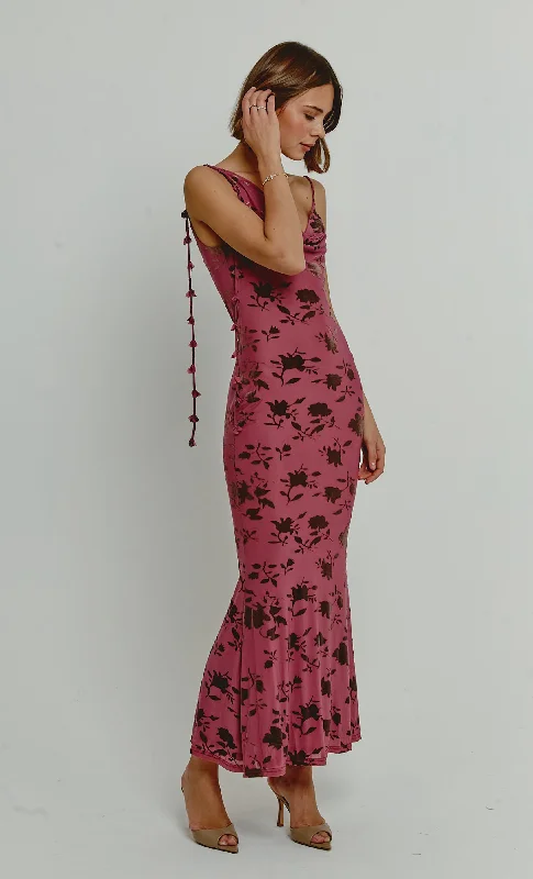 Women's Stylish Professional Apparel Chic Trends Unveiled Mauve Burnt Devore Asymmetric Maxi Dress