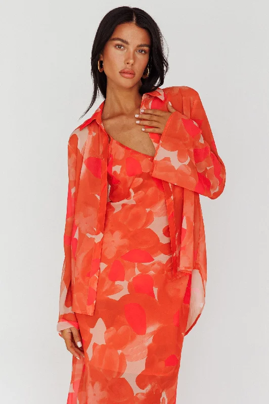 Women's Chic Apparel Weekend Exclusive Stasi Flared Cuff Long Sleeve Shirt Floral Orange