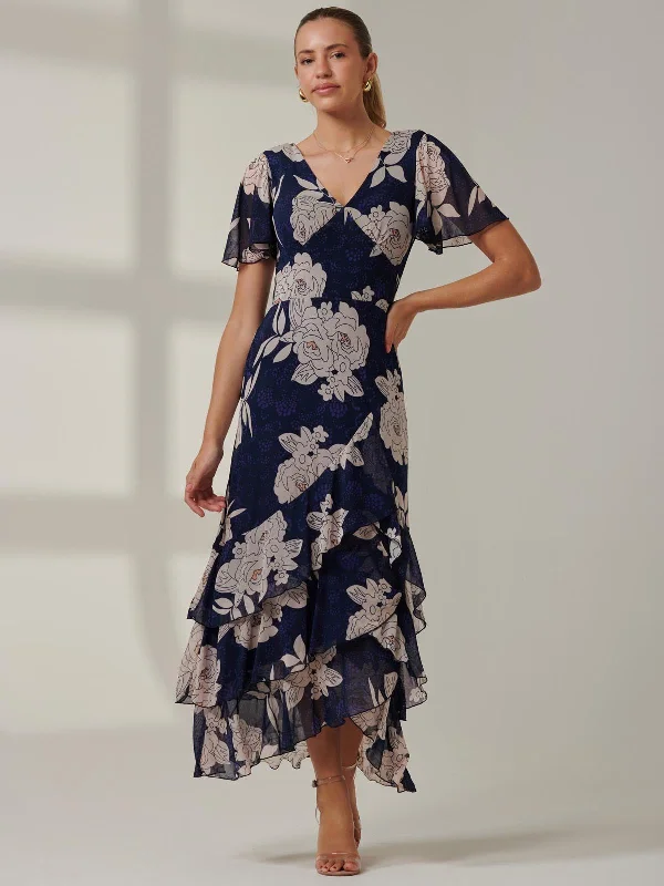 Women's Comfortable Clothes For Weekends Ends Soon Floral Printed Tiered Maxi Dress, Navy Floral