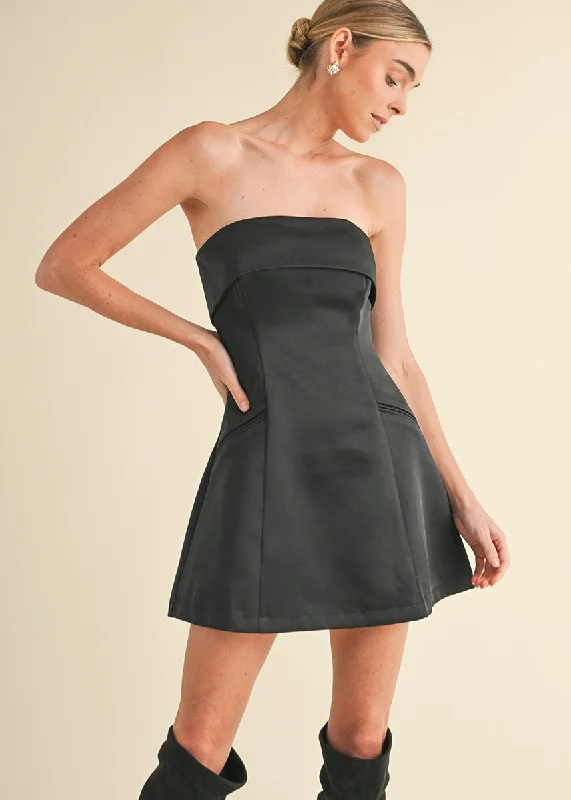 Women's Contemporary Apparel Fashion Sale Greta Fold-Over Satin Tube Mini Dress - Black