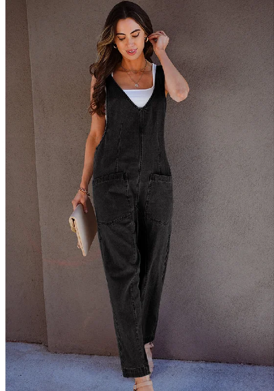 Stylish Women's Outerwear Apparel Playful Fashion Offers Washed Black Women's Casual Denim Low Scoop Neckline Jumpsuits With Adjustable Shoulder Pocket Cropped Overalls