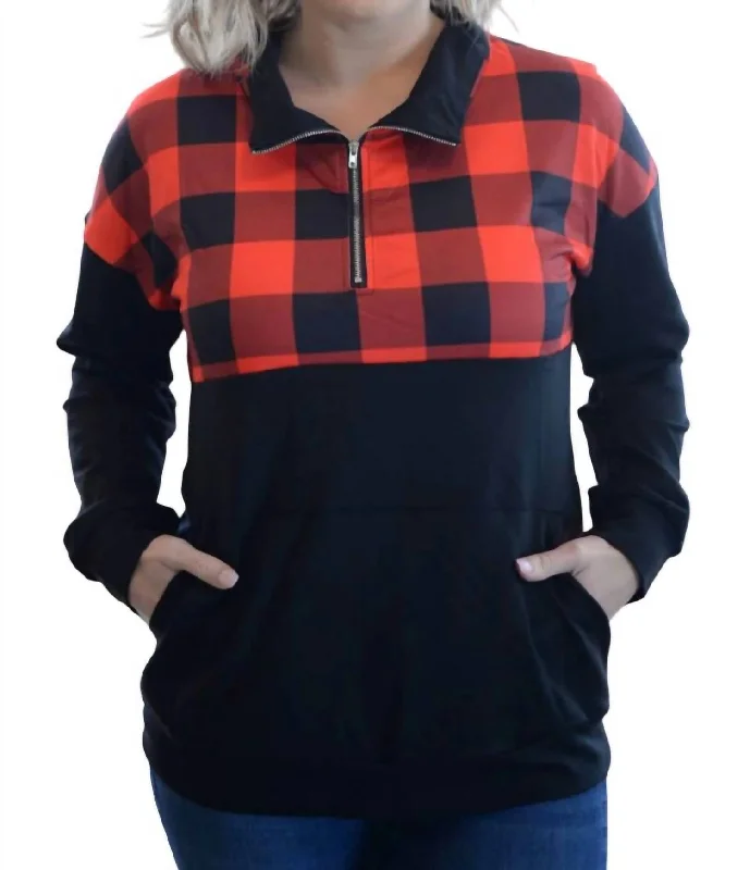 Women's Elegant Evening Attire New In This Season Buffalo Plaid Zip Up Pullover In Red/black