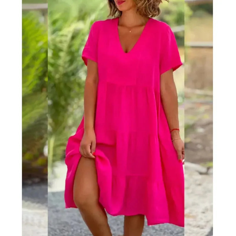 Women's Trendy Garments Popular Collection Comfortable Casual Fresh Sweet Solid Large Swing Midi Dresses