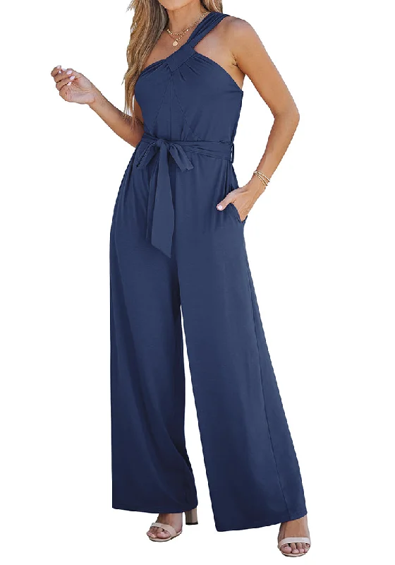 Affordable Women's Clothing Final Sale Dark Blue Comfy Sleeveless Belted Jumpsuits & Long Rompers for Women