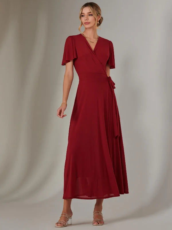 Women's Elegant Clothes Modern Fashion Sale Plain Angel Sleeve Wrapped Maxi Dress, Brick Red