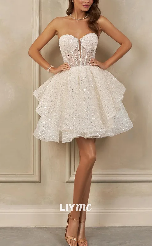 Women's Seasonal Clothes Final Sale LW952 - Sweetheart Puff Sleeves Sparkly Pleated A-Line Short Beach Wedding Dress