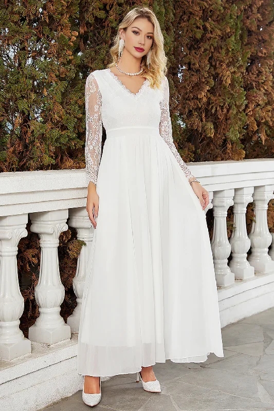 Classic Women's Clothing Styles Vintage-Inspired Style Offers White A-Line V-Neck Chiffon Lace Wedding Dress With Long Sleeves