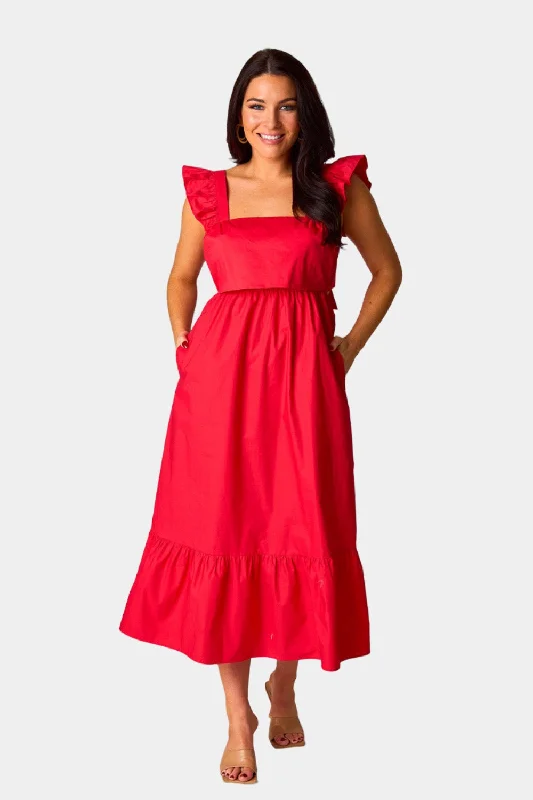 Stylish Women's Attire Contemporary Casual Deals Beverly Ruffle Sleeve Midi Dress - Red