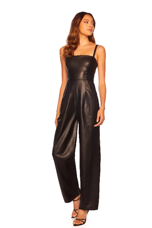 Women's Work Apparel Chic Style Discounts faux leather square neck tank jumpsuit