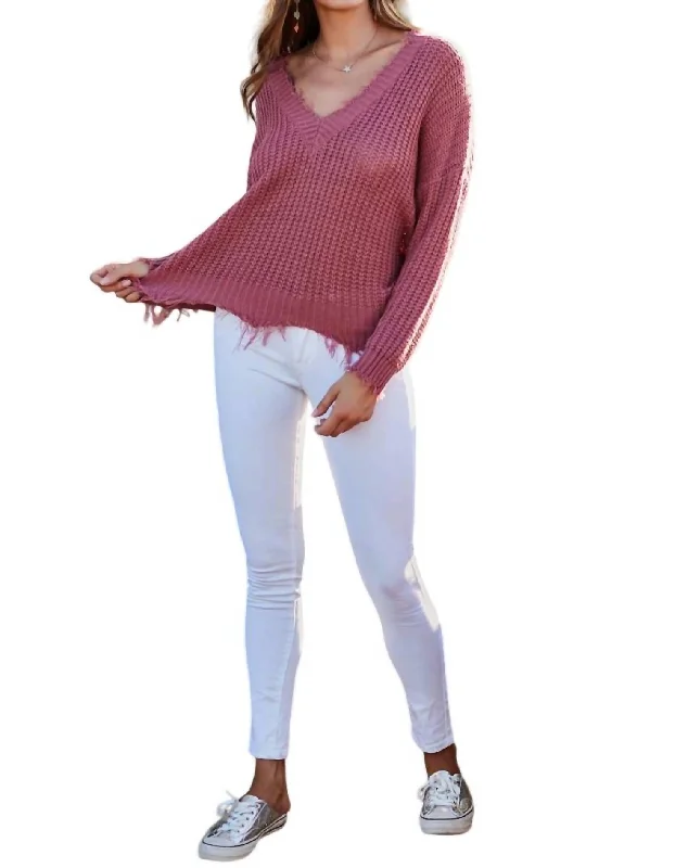 Women's Trendy Apparel Huge Markdowns Frayed Sweater In Ash Rose