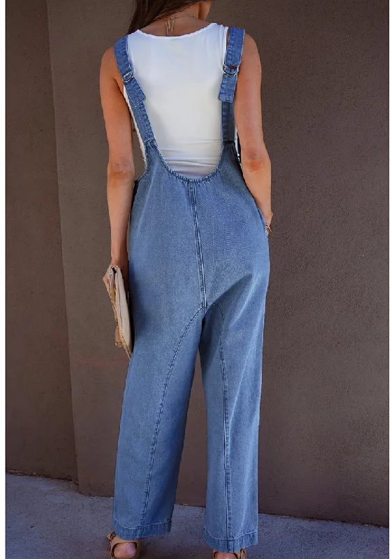 Women's Wedding Apparel Sophisticated Street Style Offers Medium Blue Women's Casual Denim Low Scoop Neckline Jumpsuits With Adjustable Shoulder Pocket Cropped Overalls