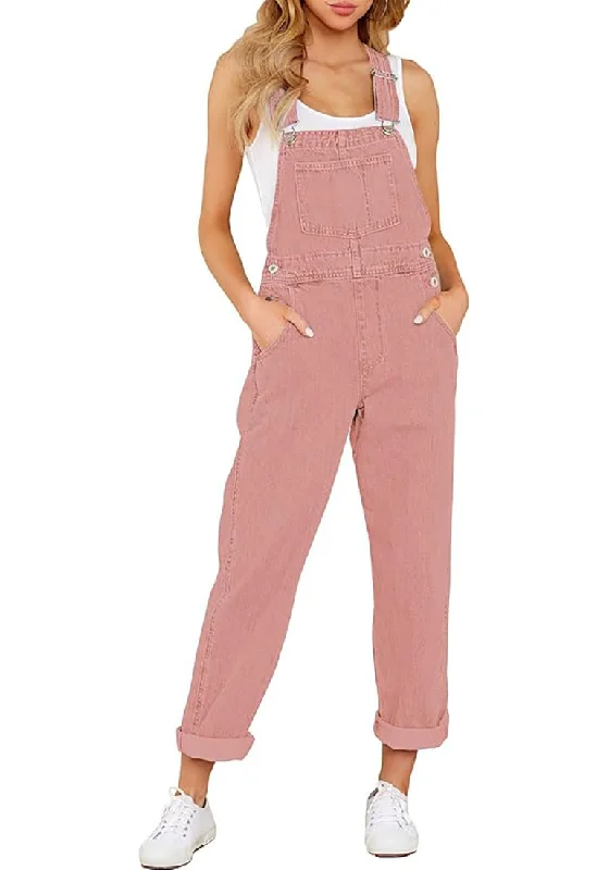 Women's Classic Attire Spring Fashion Tawny Orange Women's Casual Stretch Denim Bib Overalls Pants Pocketed Jeans Jumpsuits