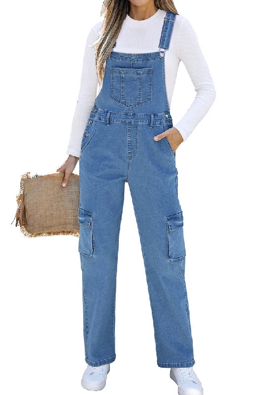 Women's Casual Apparel Cozy Chic Promotions Medium Blue Women's Casual Adjustable Strap Wide Leg Jumpsuit with Pocket Jeans Trouser