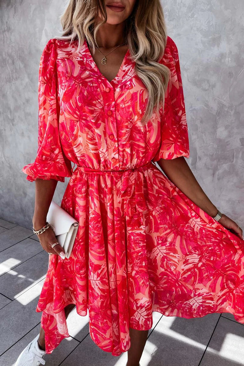 Women's Sporty Chic Clothes Weekend Exclusive Red Floral 3/4 sleeve Midi Dress