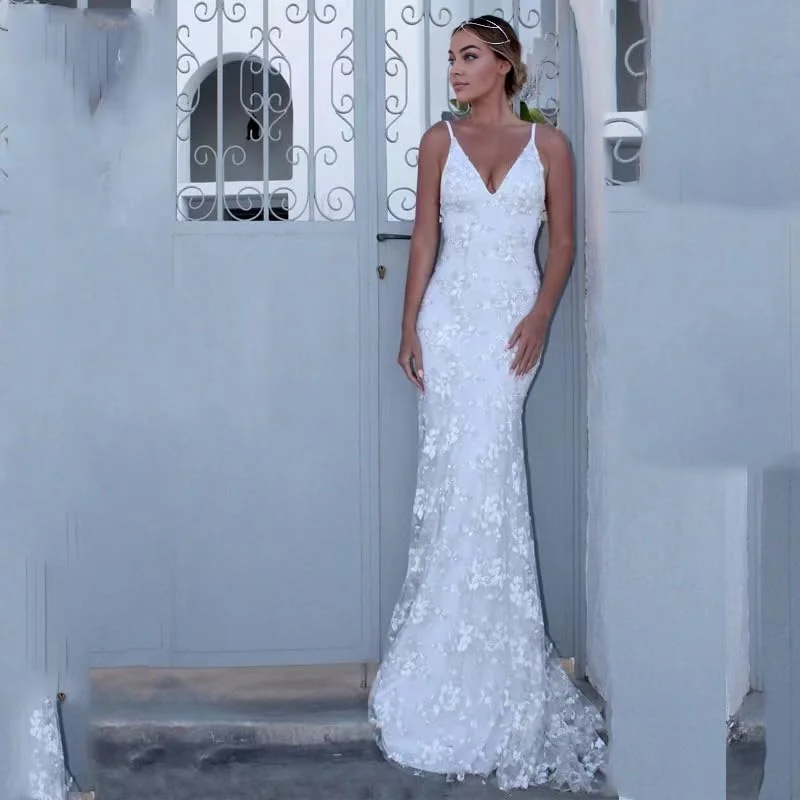 Women's Night-Out Outfit Retro Style Promotions Wedding Dress Lace Applique Spaghetti Straps Mermaid V Neck Open Back Bodycon Long Bridal Gown Formal Women's Dresses