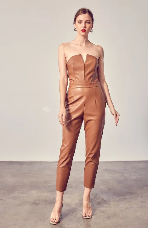 Women's Stylish Professional Apparel Popular Collection Faux Leather Strapless Jumpsuit In Mocha