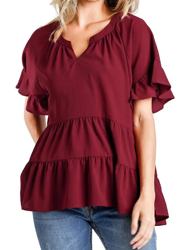 Spring Fashion Mandarin Tiered Ruffle Top In Burgundy