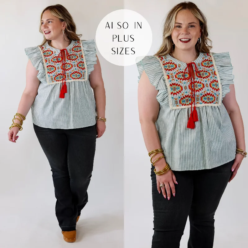 Classy Style Discounts Fall Sun PinStripe Top with Aztec Print Embroidery in Sage Green