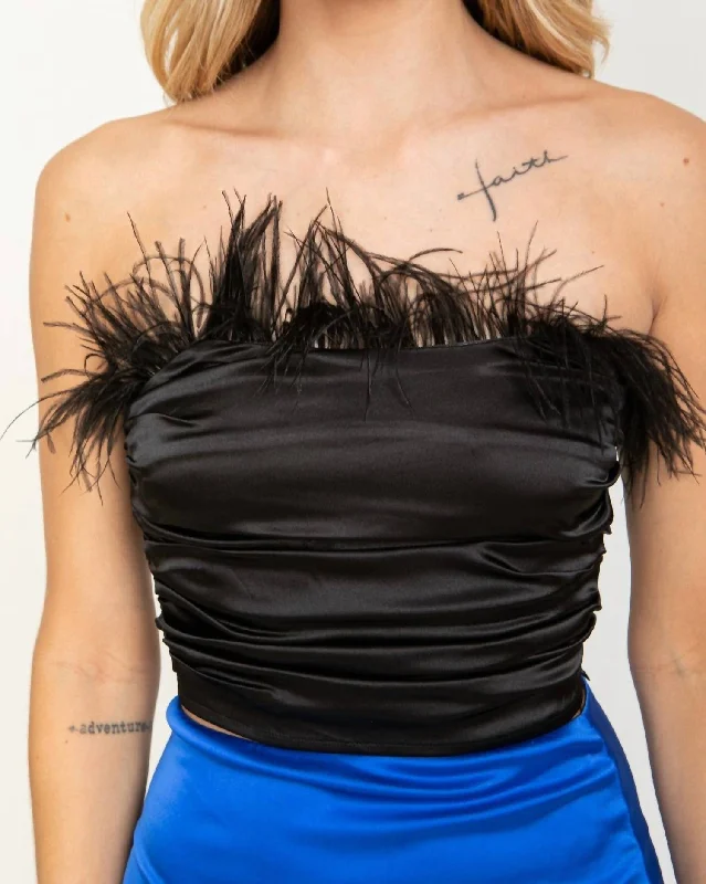 Playful Fashion Offers Cropped Gathered Feather Top In Black