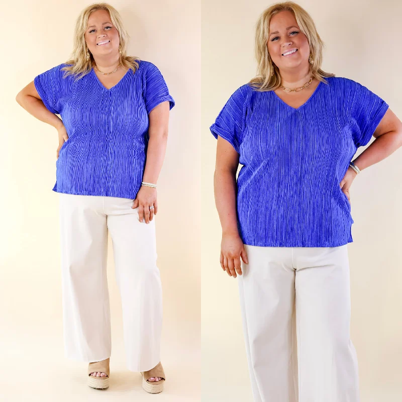 Additional Time-Limited Offers Casual Charm V Neck Plissé Top in Royal Blue