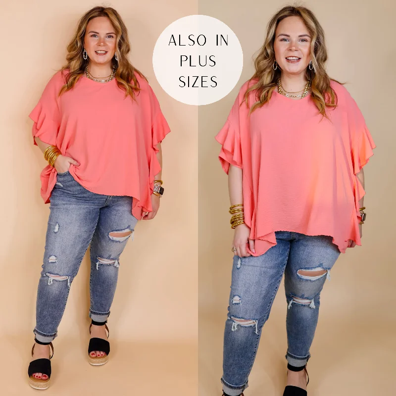 Luxe Style Discounts Sip of Spring Ruffle Sleeve Shift Top with V Neckline in Coral Orange