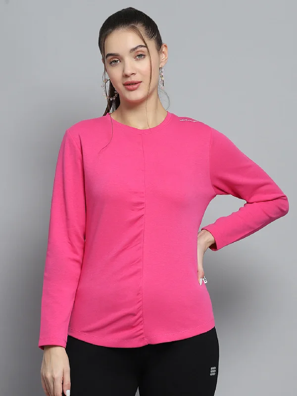 Break Fashion Norms Women Pink Solid Round Neck Full Sleeve Winter Tops