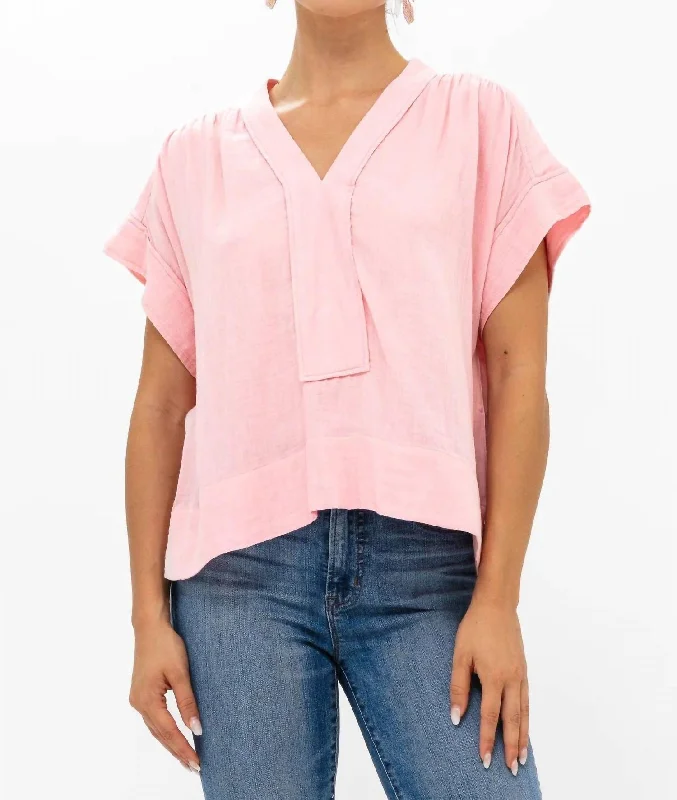 Cozy Chic Promotions Roll Sleeve Top In Bahama Pink