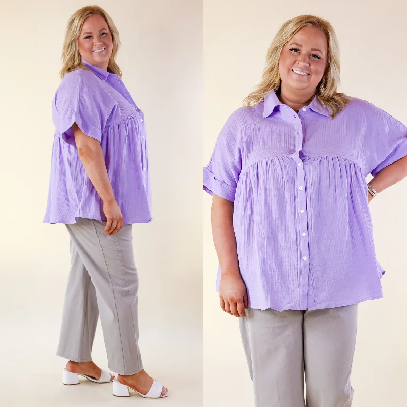 Unbeatable Deals Mellow Mood Collared Button Up Babydoll Top in Lavender Purple