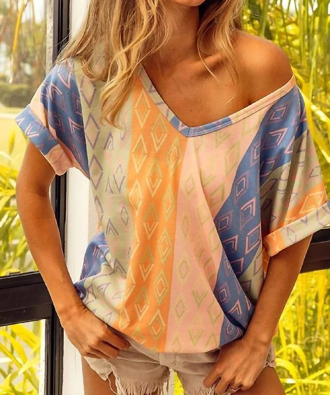 Elegant Fashion Offers Arizona Aztec Top In Blue/apricot