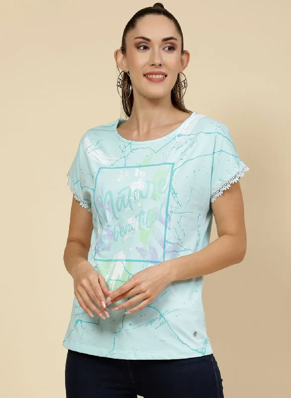 Durable Fashion Picks Women Aqua Blue Printed Top