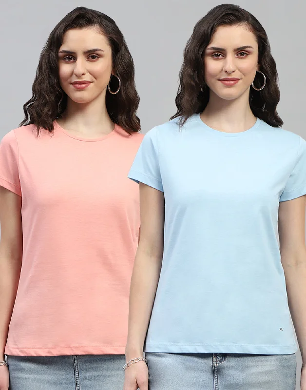 Seasonal Clearance Women Pink & Sky Blue Solid Round Neck Half Sleeve Top (Pack of 2)