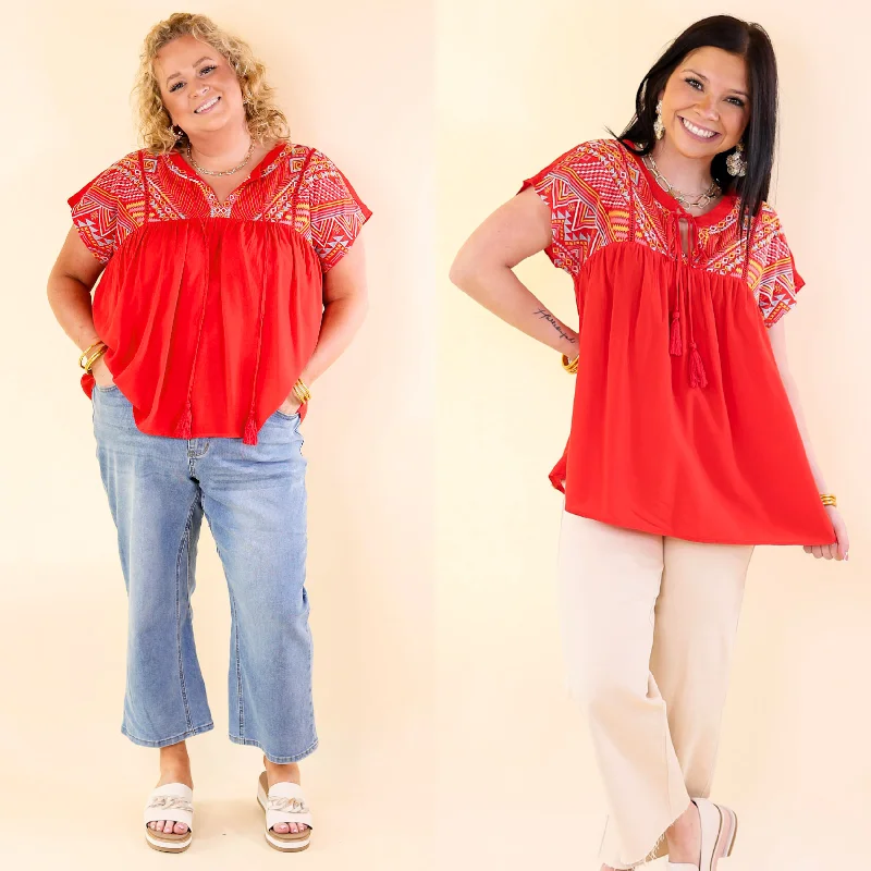 On-Trend Fashion Offers Forgotten Paradise Embroidered Top with Front Tie in Red