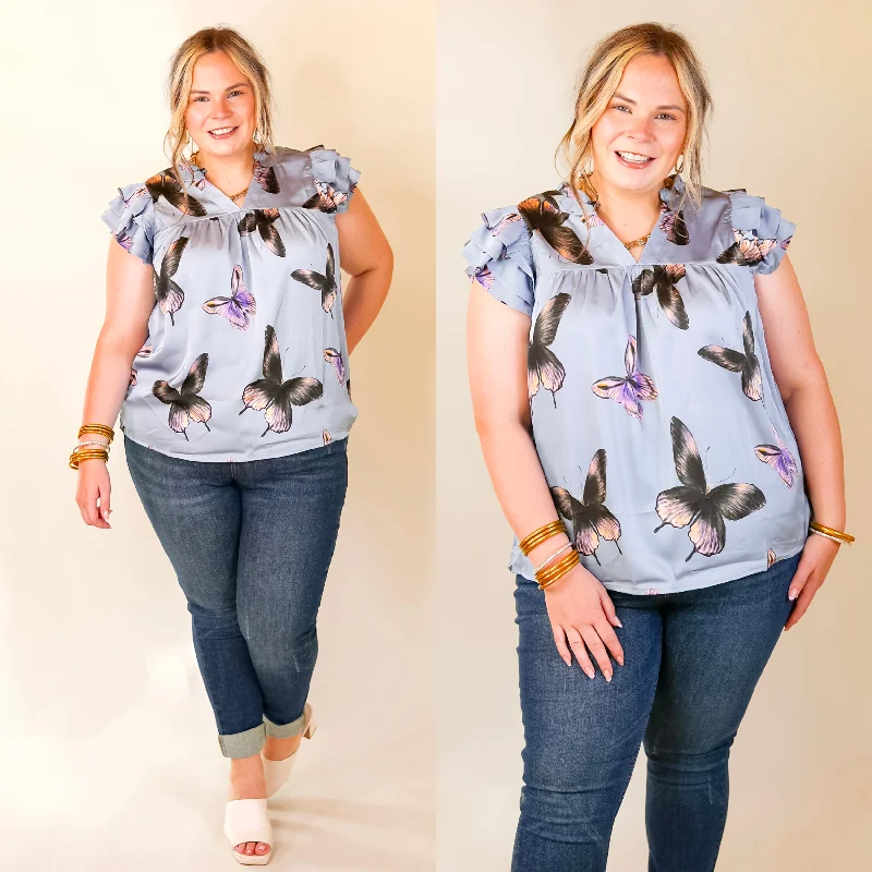 Flash Sale Fever Butterfly Fly Away Top with Butterfly Print in Muted Blue