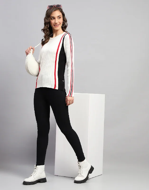 Street Style Discounts Women White Solid Round Neck Full Sleeve Winter Top