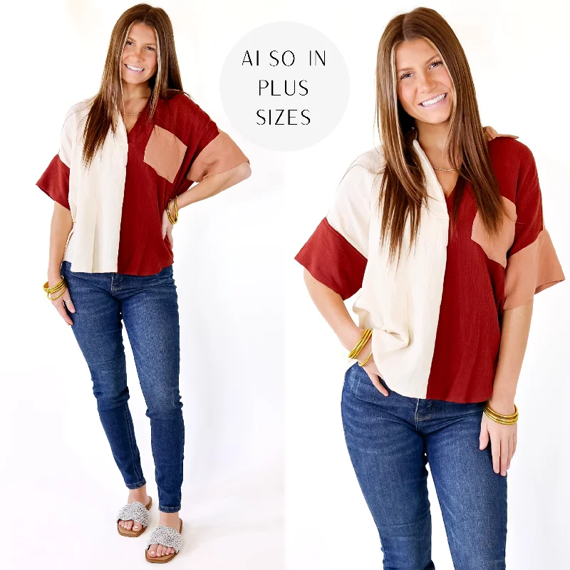 Limited Time Last Chance Size XL & 1XL | Burst of Joy Collared Color Block Top in Rust Brown Mix