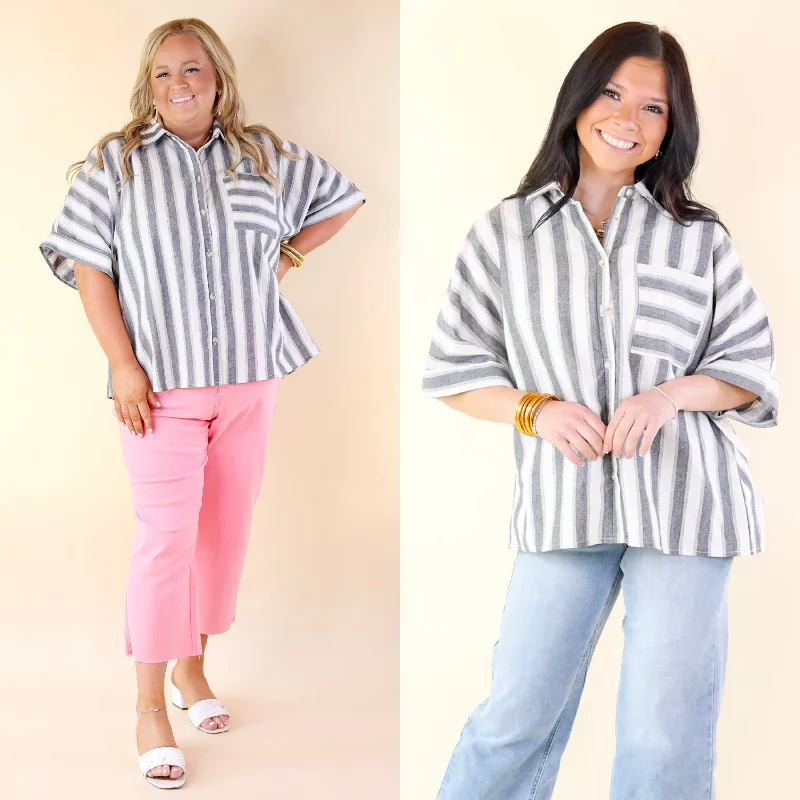 Seize Bargains Down The Beach Button Up Striped Top in Ivory and Grey