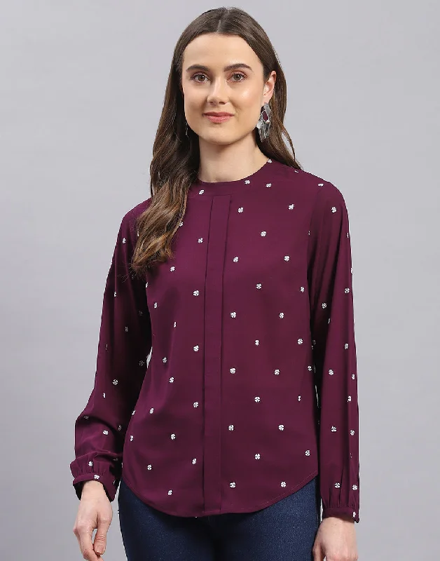 Shop Sale Items Women Purple Embroidered Round Neck Full Sleeve Top