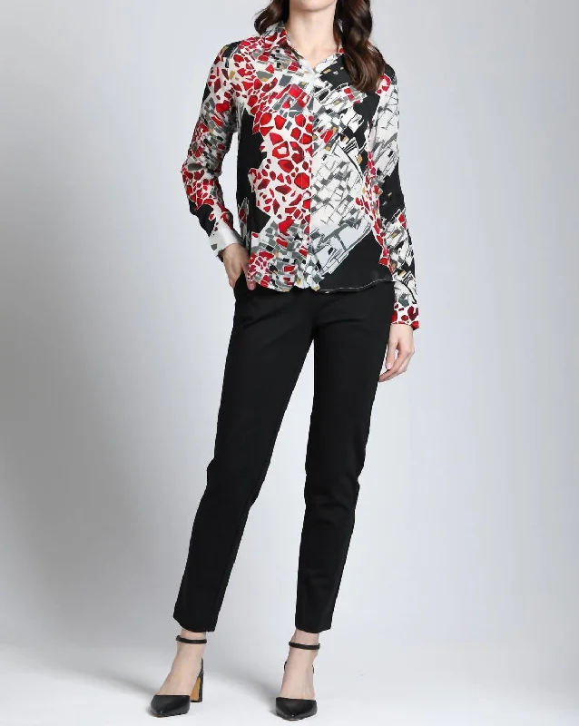 Trendy Looks On Sale Abstract Print Button Up Top In Red, Black, And White