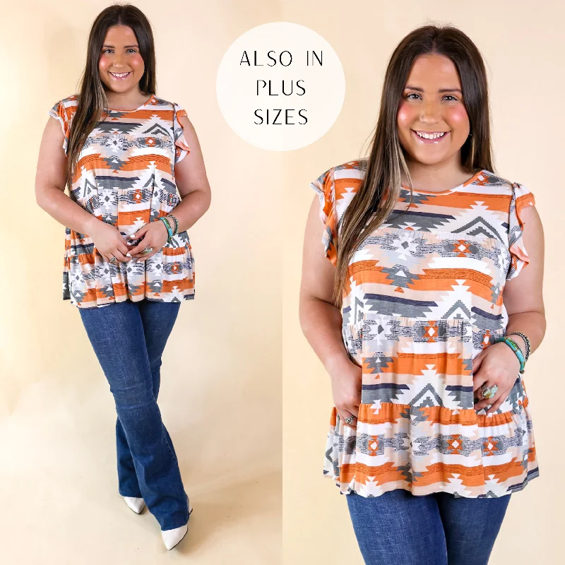 Big Discounts Last Chance Size Small | Sun Glow Aztec Print Tiered Top with Ruffle Cap Sleeves in Orange Mix