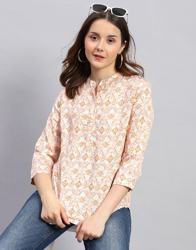 Laid-Back Fashion Offers Women Peach Printed  Mandarin Neck 3/4 Sleeve Top